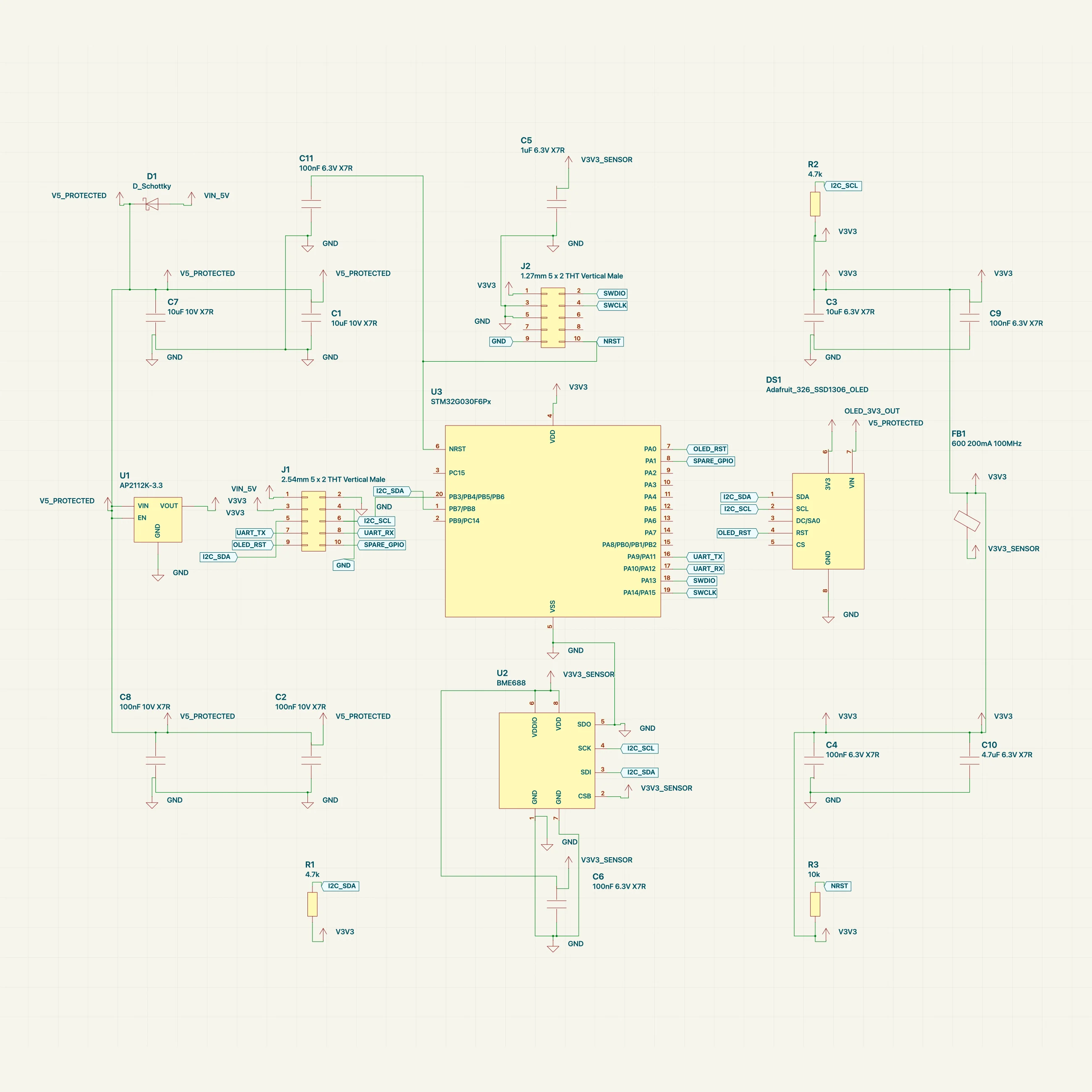 BME688, OLED and STM32 board drawn by the old grid fallback: parts scattered on a grid with nets as labels