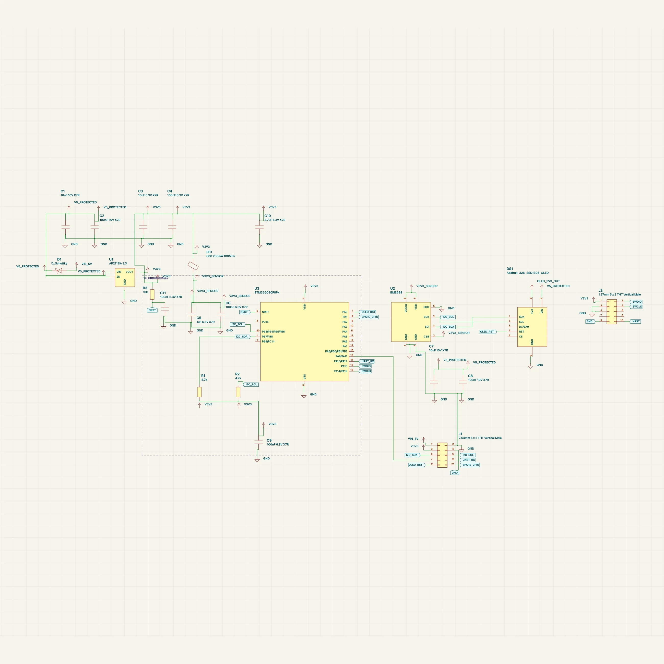BME688 board with four parts added after the layout was saved: a resistor and capacitor beside the reset pin, a capacitor under the controller, and a header in a new column