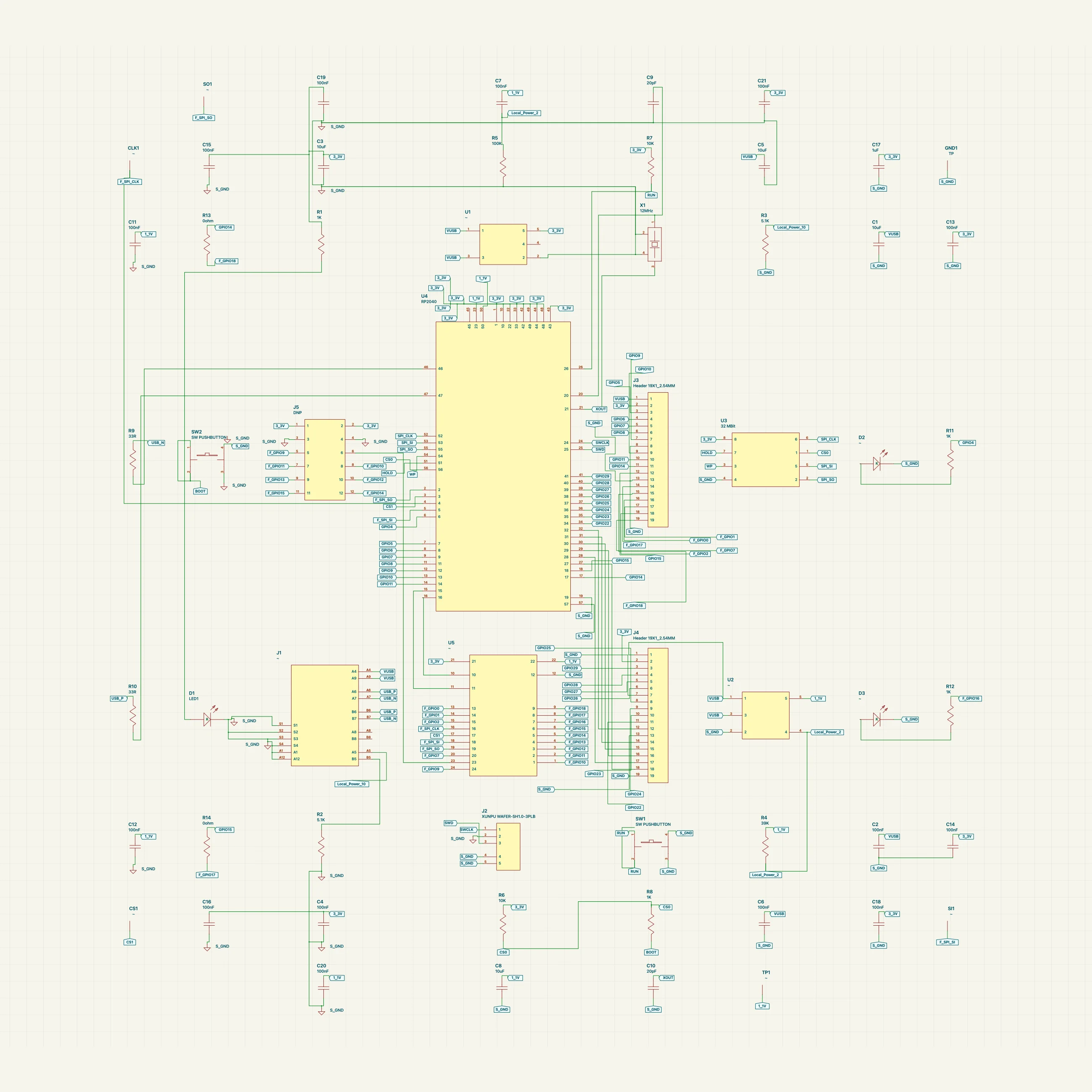 RP2040 board with two regulators, flash, USB-C and expansion headers drawn by the old grid fallback